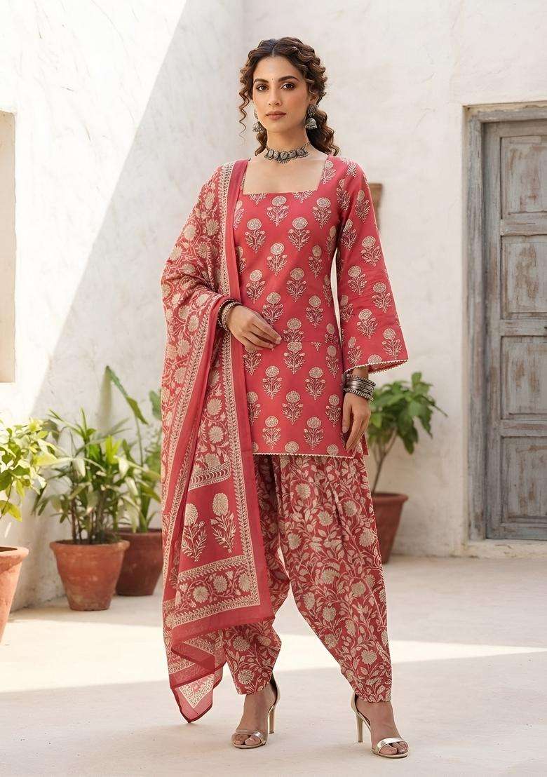 Pink Printed Cotton Kurta Set - Indya