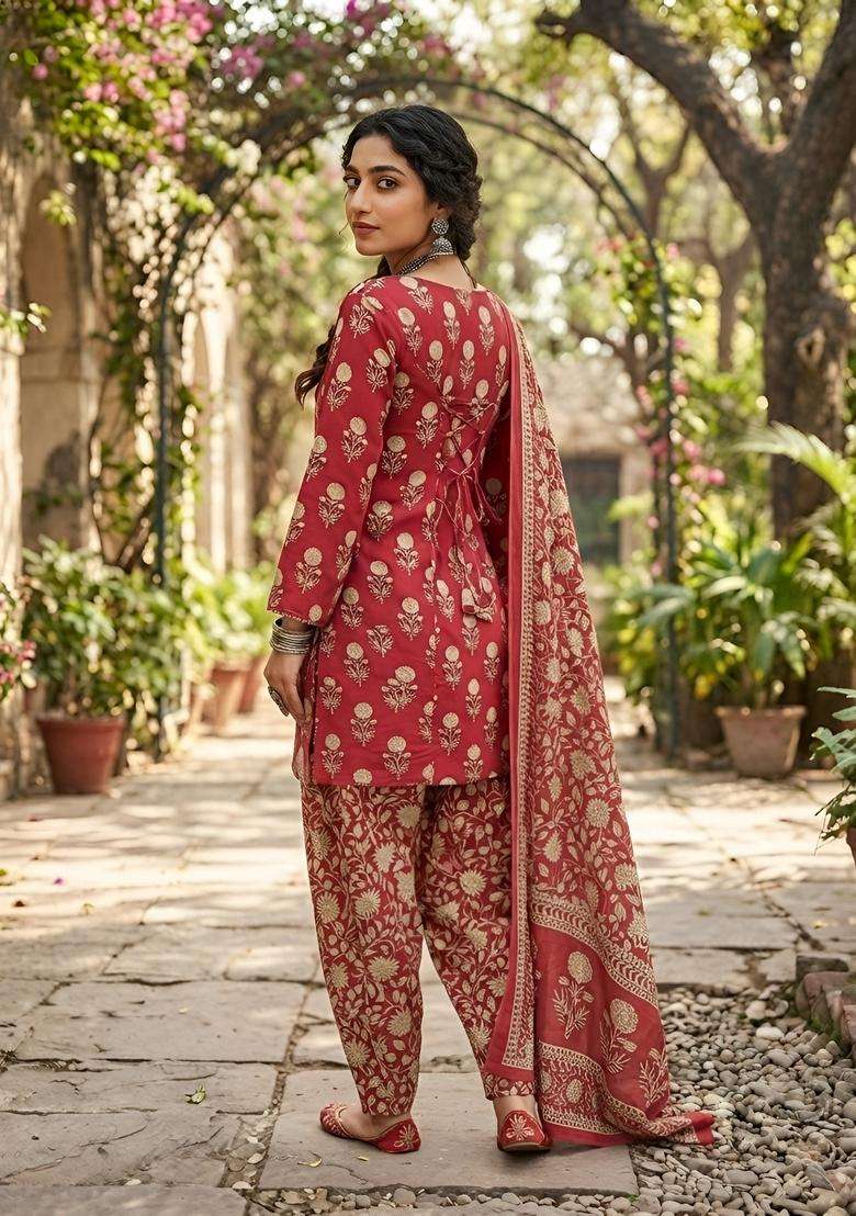 Pink Printed Cotton Kurta Set - Indya