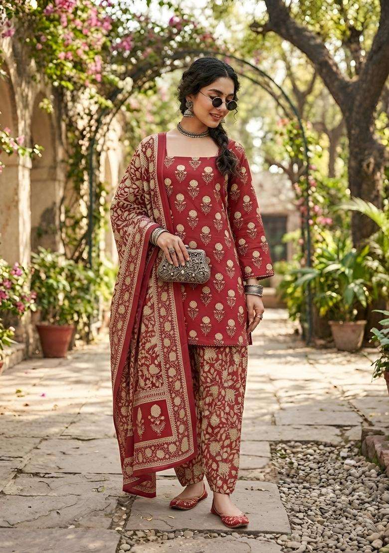 Pink Printed Cotton Kurta Set - Indya