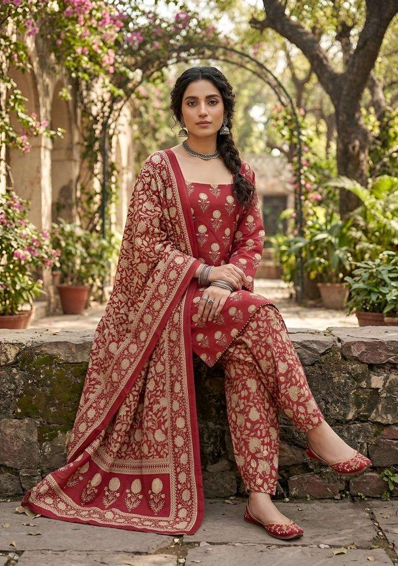 Pink Printed Cotton Kurta Set - Indya
