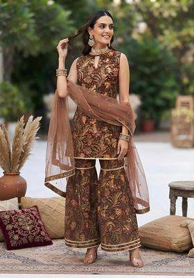 Brown Printed Cotton Kurta Set
