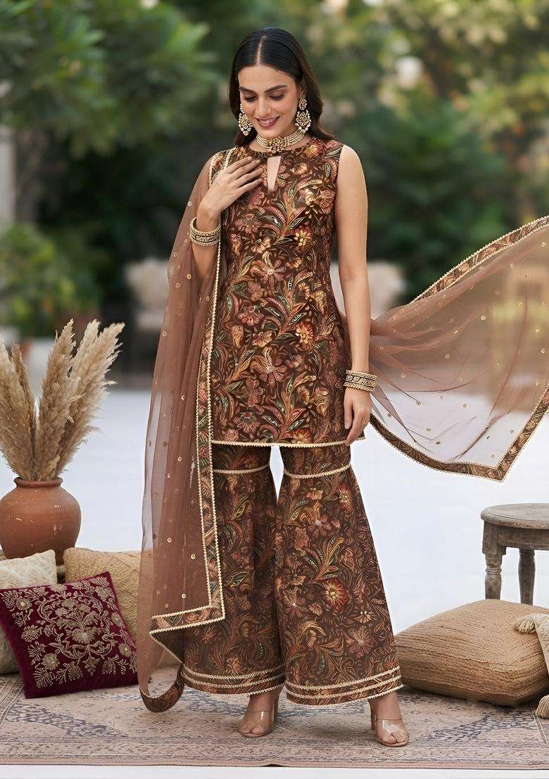 Brown Printed Cotton Kurta Set - Indya