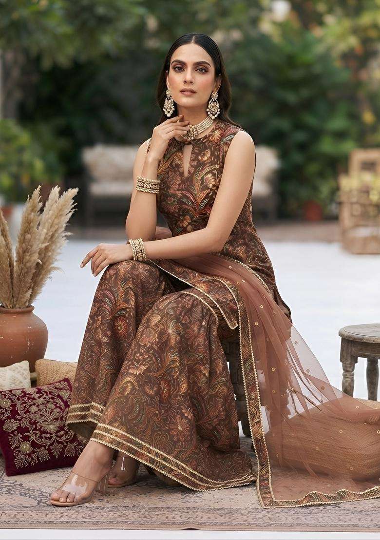 Brown Printed Cotton Kurta Set - Indya
