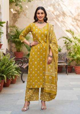 Mustard Printed Viscose Kurta Set