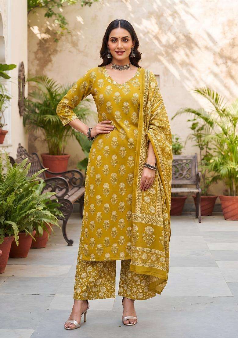 Mustard Printed Viscose Kurta Set - Indya