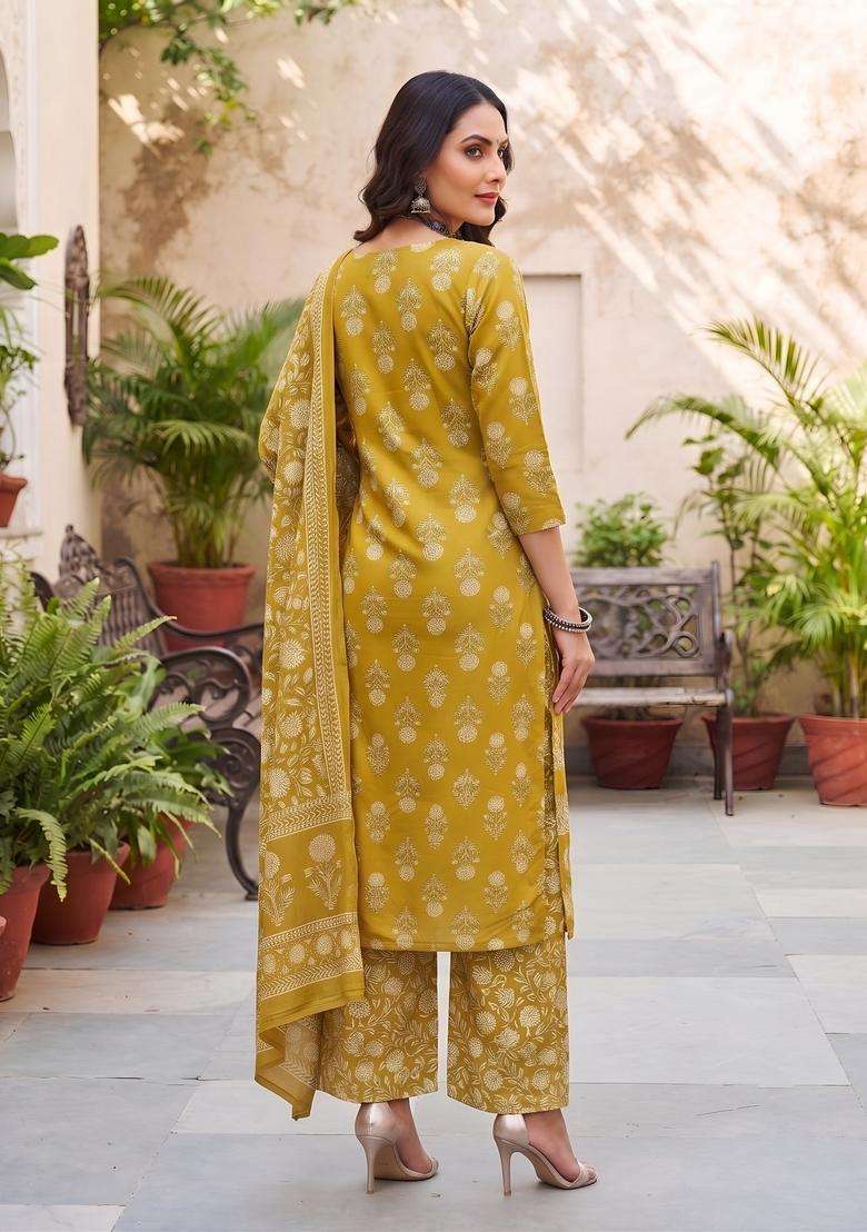 Mustard Printed Viscose Kurta Set - Indya