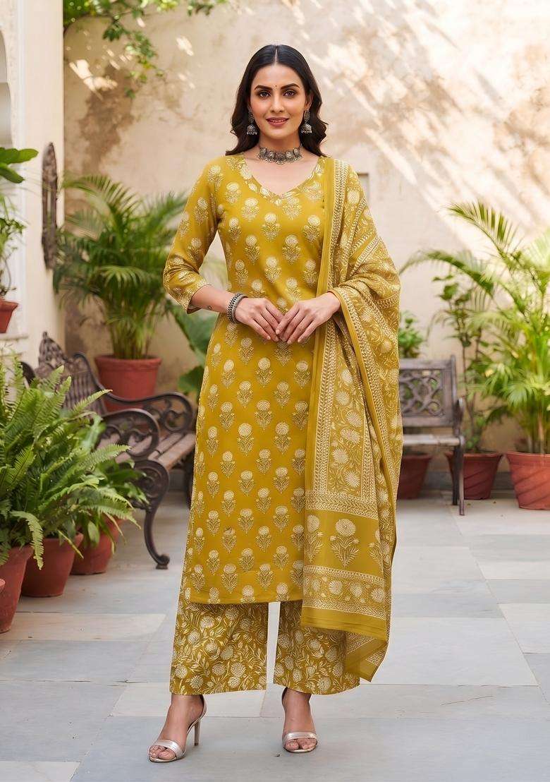 Mustard Printed Viscose Kurta Set - Indya