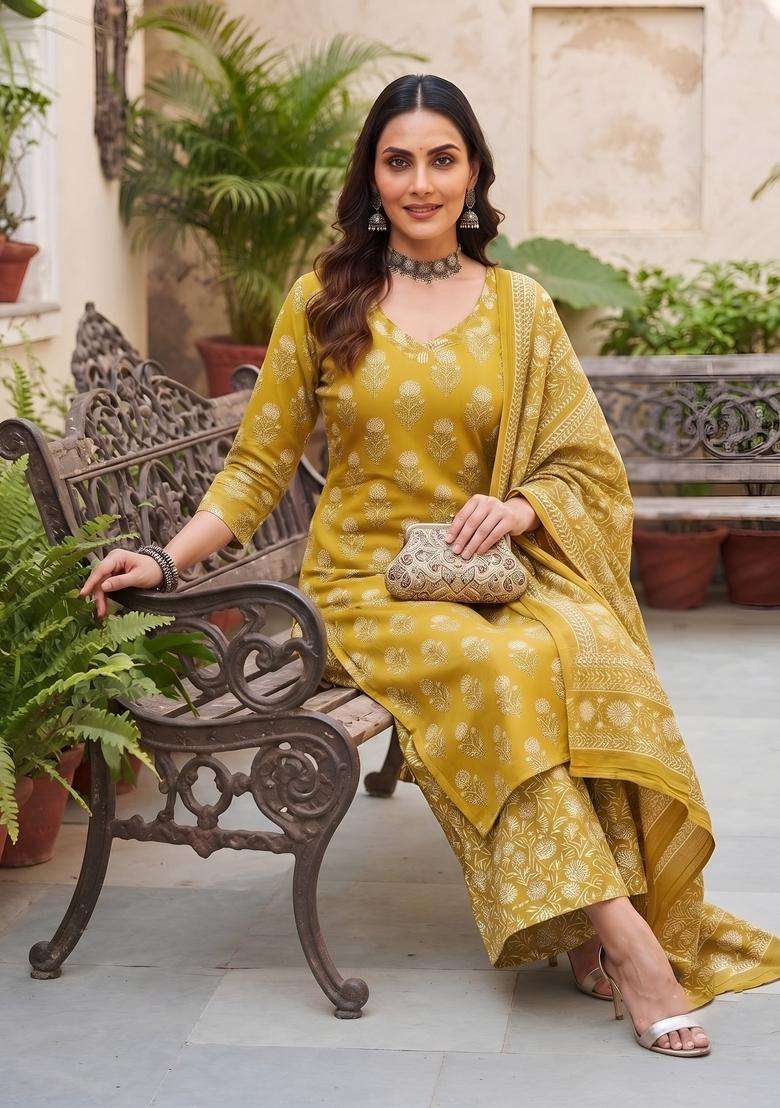 Mustard Printed Viscose Kurta Set - Indya