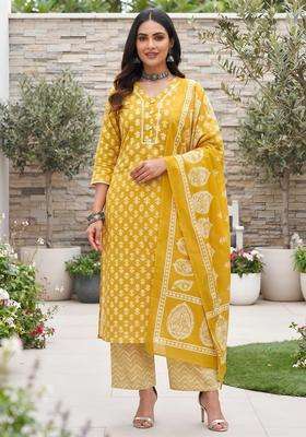 Yellow Printed Cotton Kurta Set