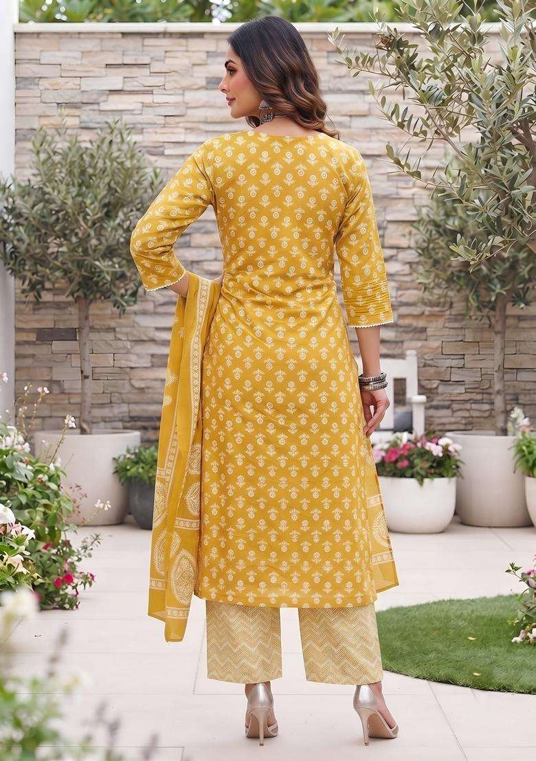 Yellow Printed Cotton Kurta Set - Indya