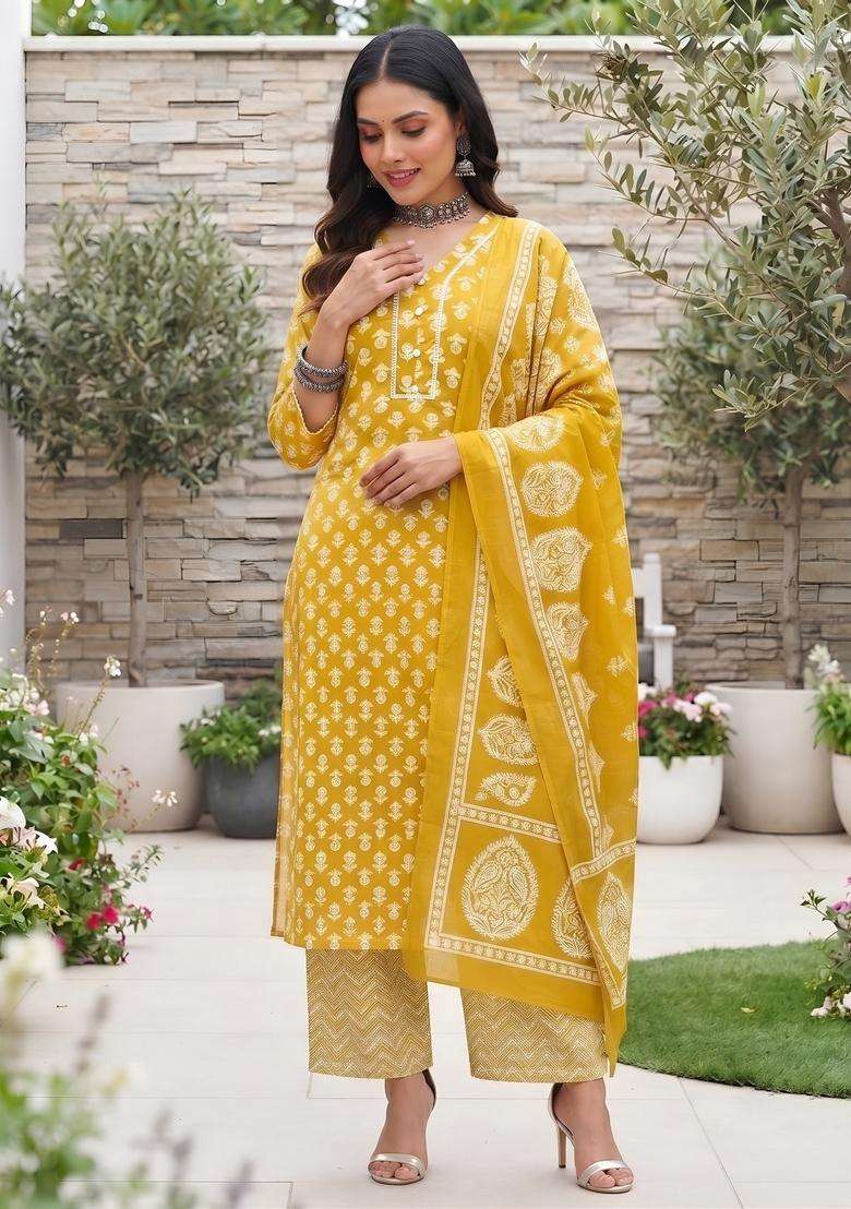 Yellow Printed Cotton Kurta Set - Indya
