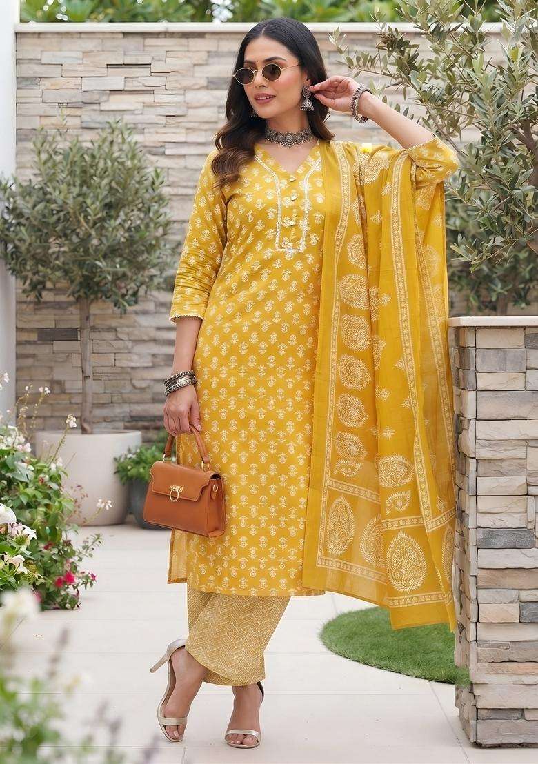 Yellow Printed Cotton Kurta Set - Indya