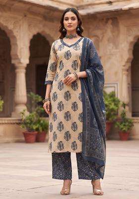 Beige Printed Cotton Kurta Set