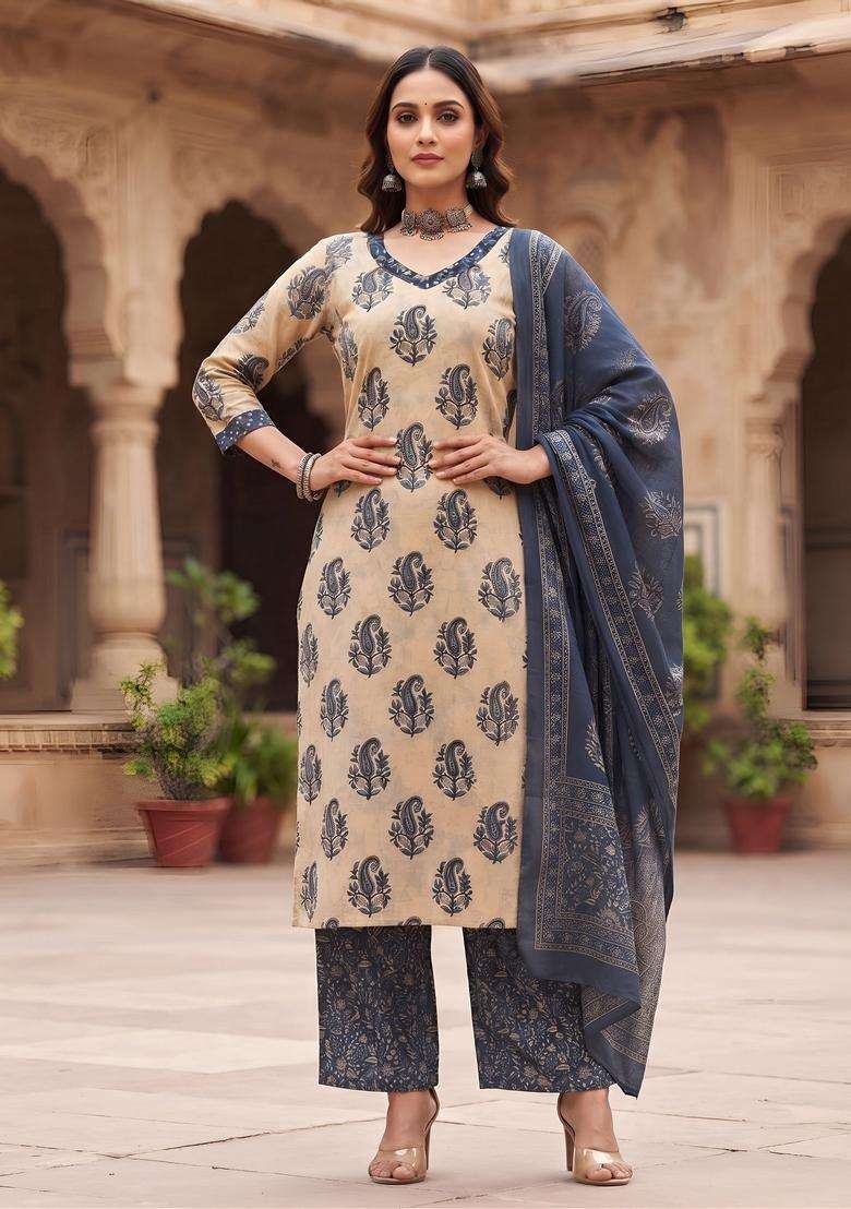 Beige Printed Cotton Kurta Set - Indya