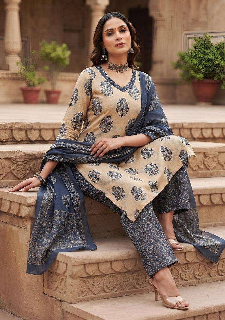 Beige Printed Cotton Kurta Set - Indya