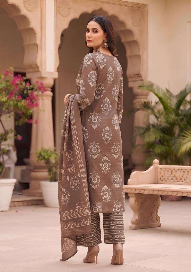 Brown Printed Cotton Kurta Set - Indya