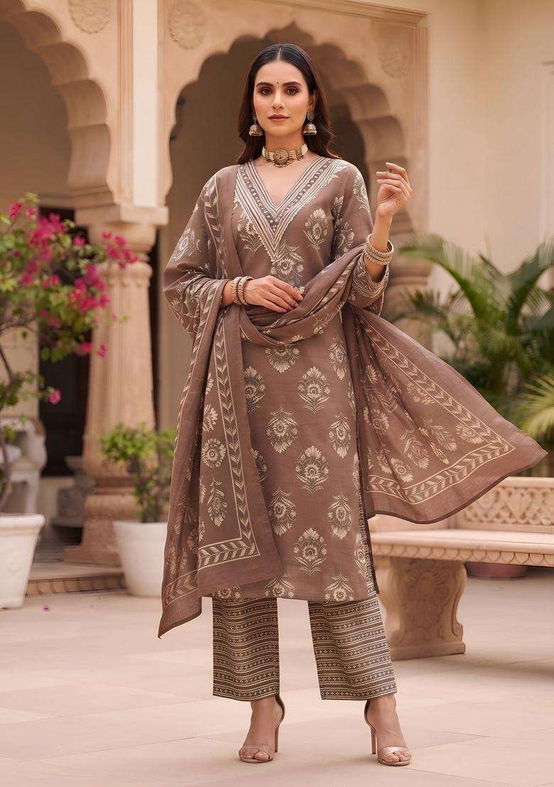Brown Printed Cotton Kurta Set - Indya
