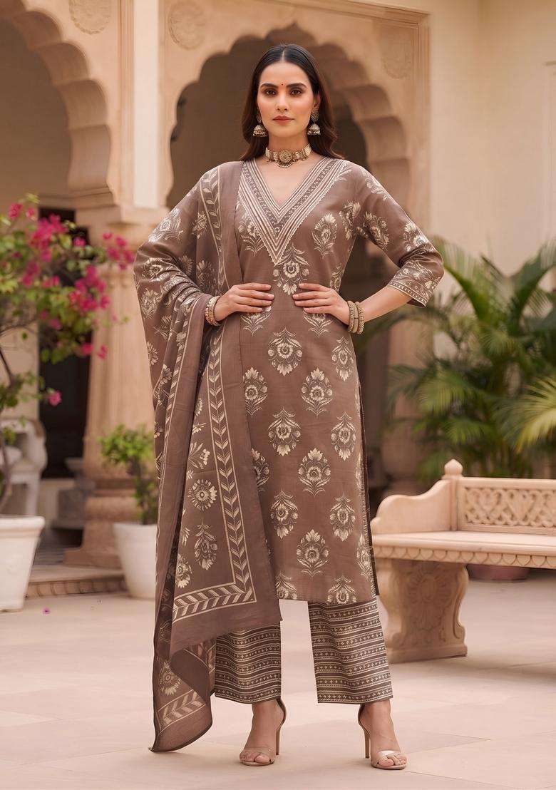 Brown Printed Cotton Kurta Set - Indya