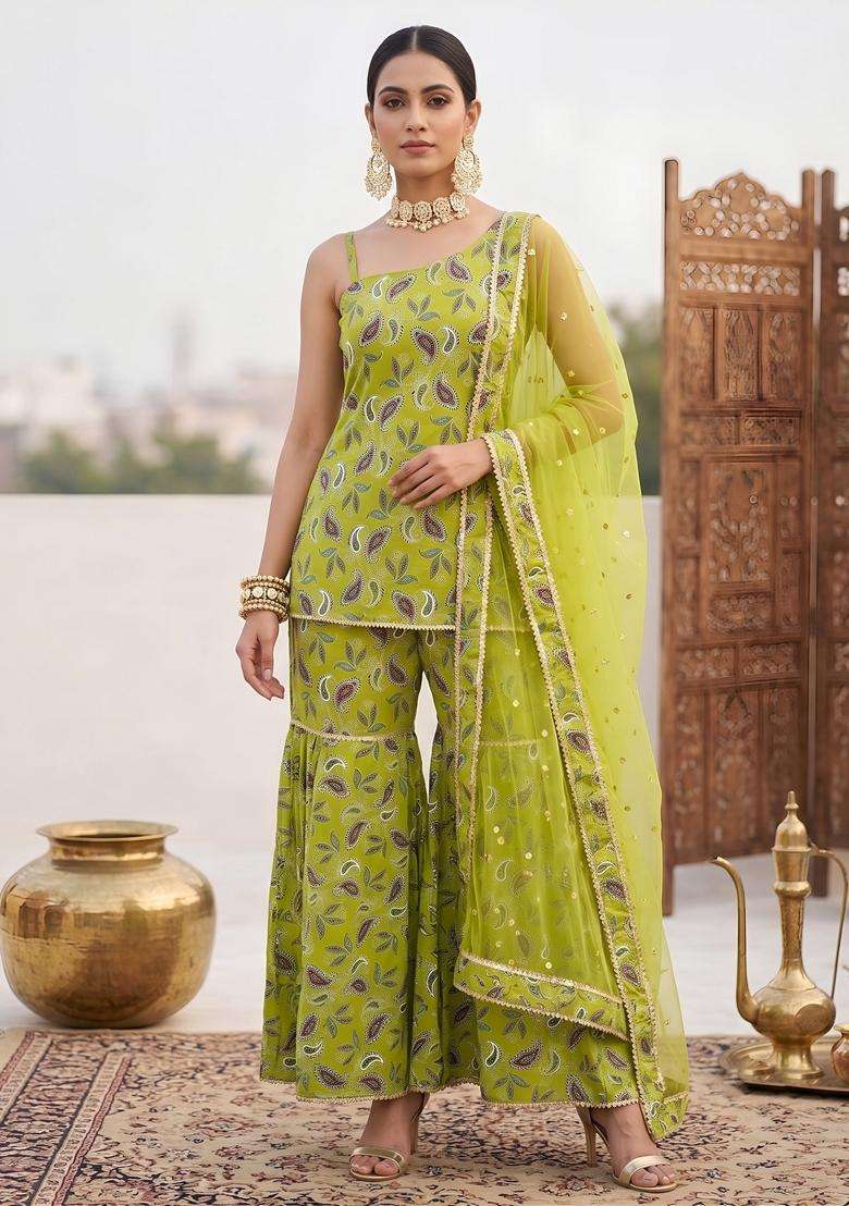 Green Printed Cotton Kurta Set - Indya