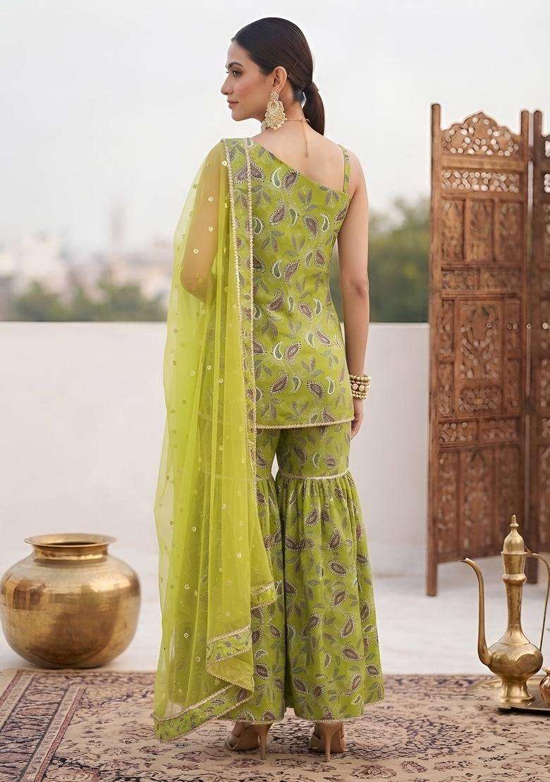 Green Printed Cotton Kurta Set - Indya