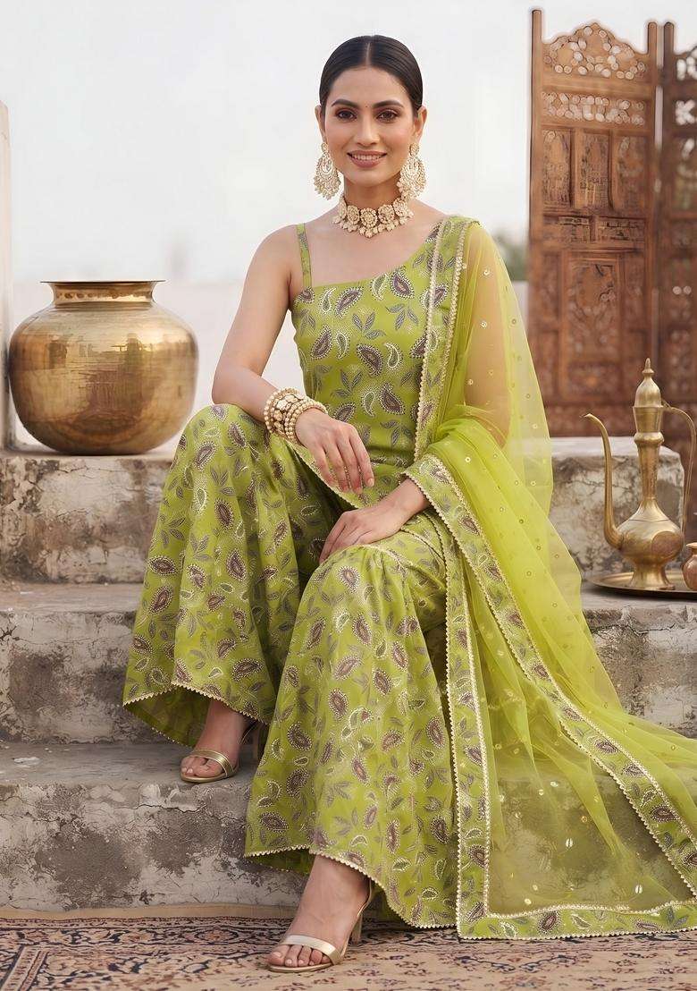 Green Printed Cotton Kurta Set - Indya