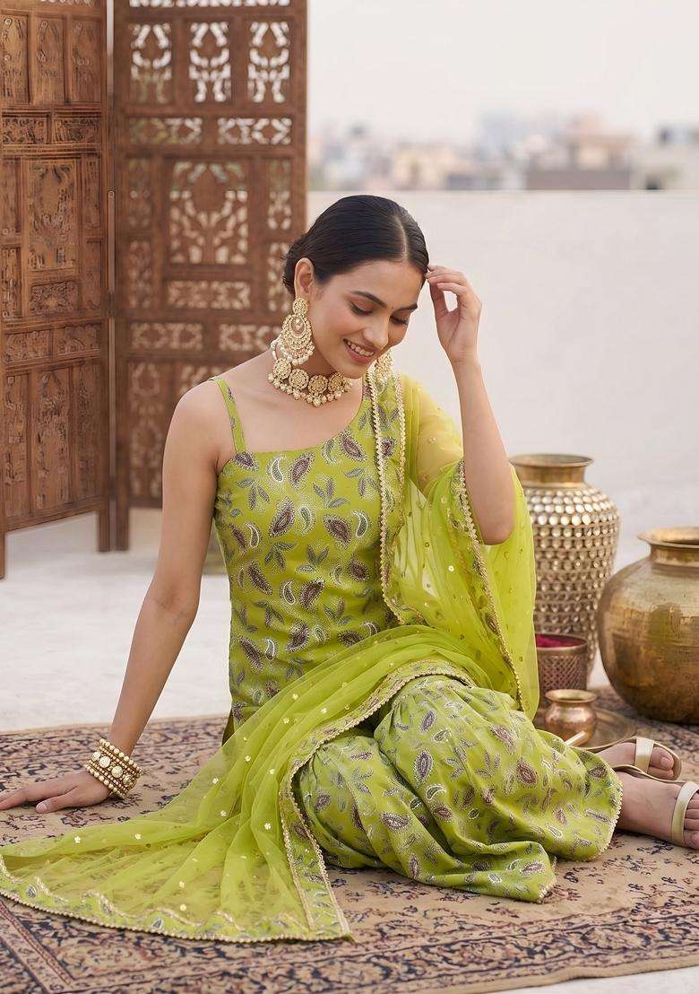 Green Printed Cotton Kurta Set - Indya