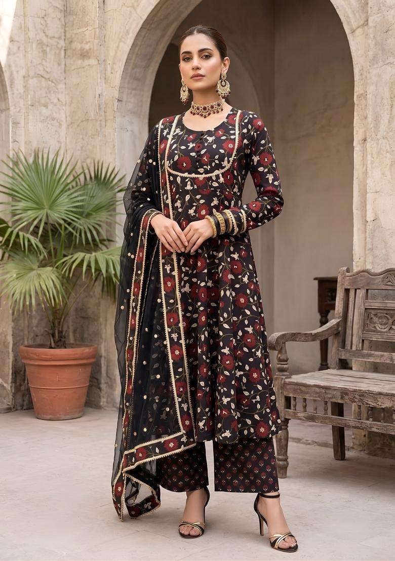 Black Printed Cotton Kurta Set - Indya