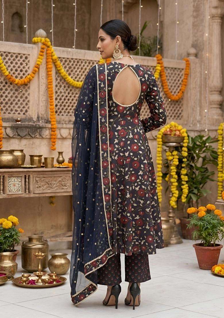Black Printed Cotton Kurta Set - Indya