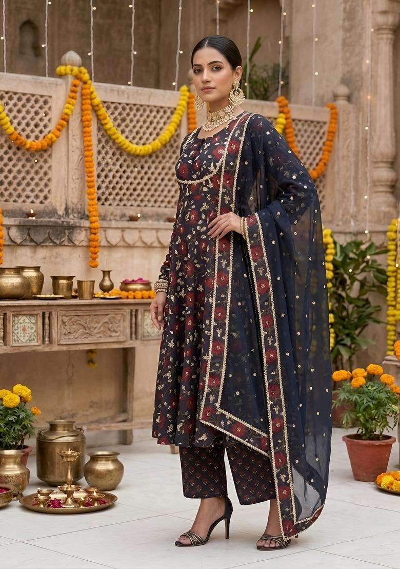 Black Printed Cotton Kurta Set - Indya