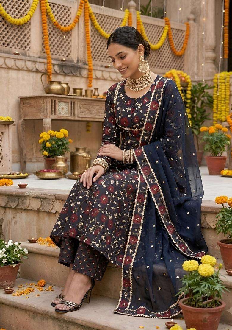 Black Printed Cotton Kurta Set - Indya