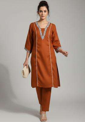 Orange Embroidery Cotton Kurta Set