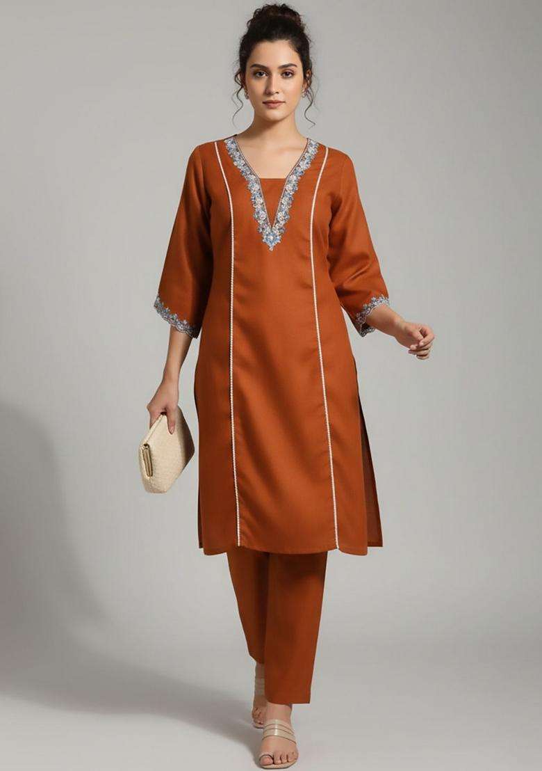 Orange Embroidery Cotton Kurta Set - Indya