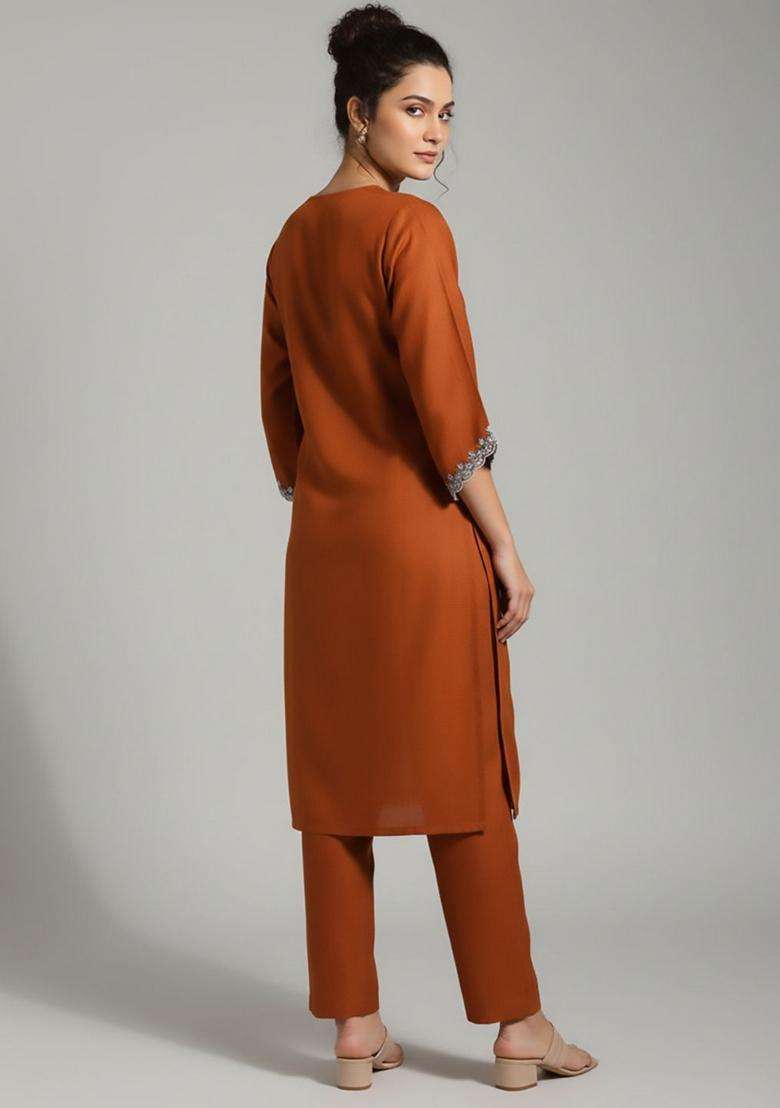 Orange Embroidery Cotton Kurta Set - Indya