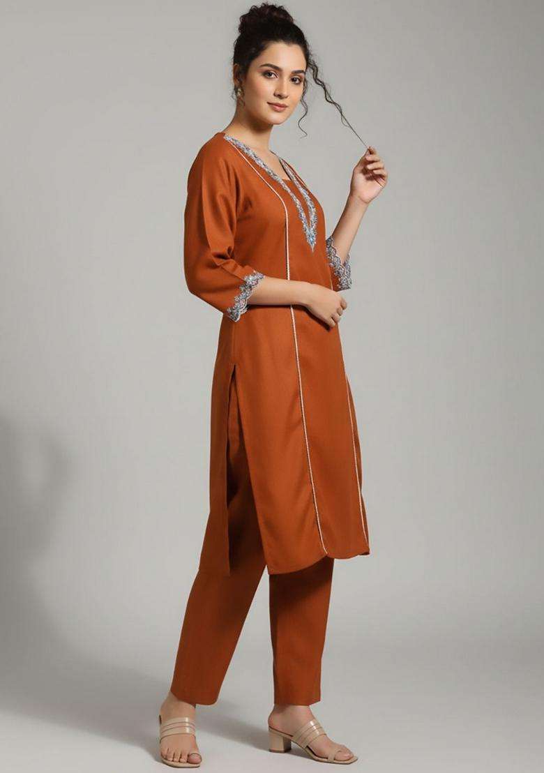 Orange Embroidery Cotton Kurta Set - Indya