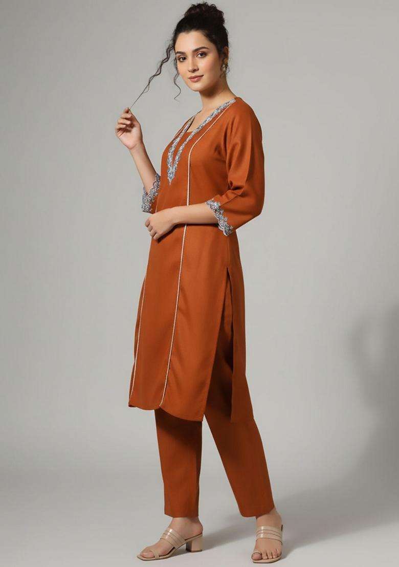 Orange Embroidery Cotton Kurta Set - Indya