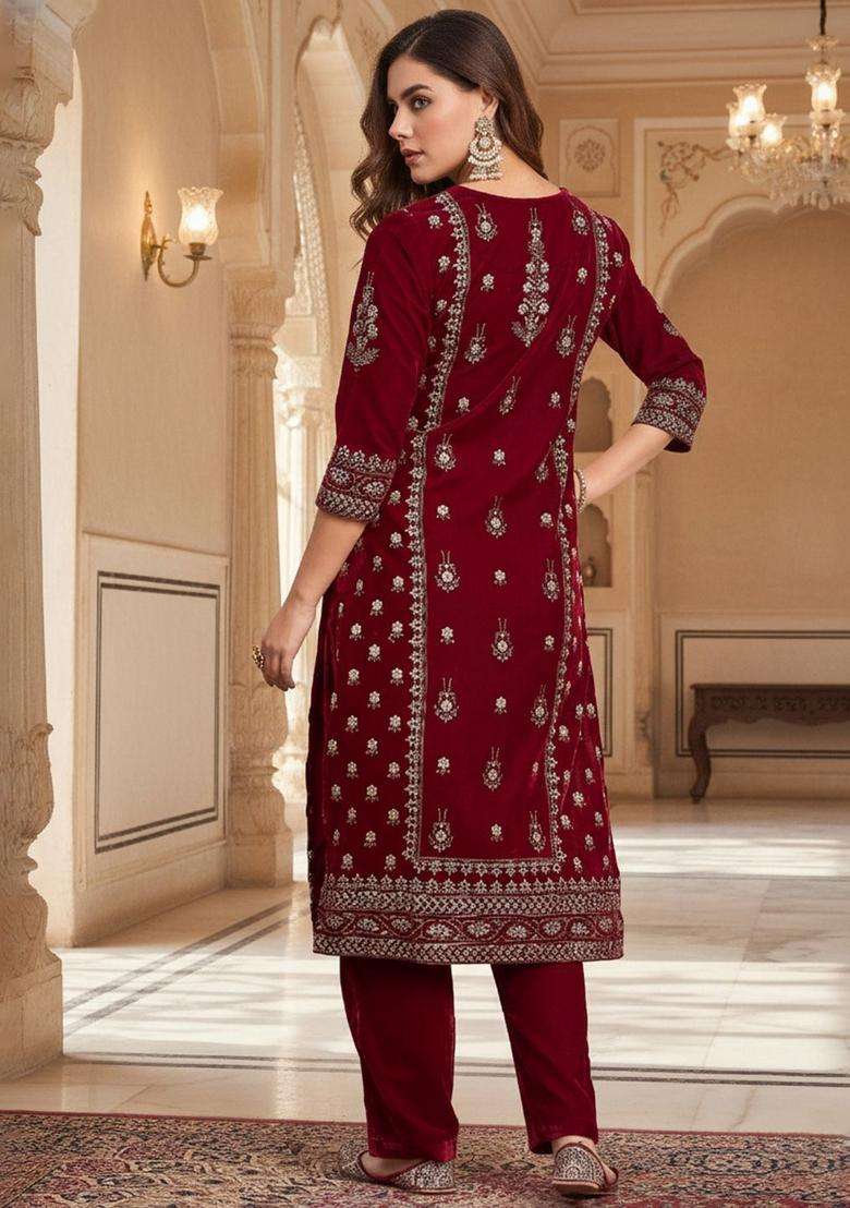 Maroon Embroidery Velvet Kurta Set - Indya