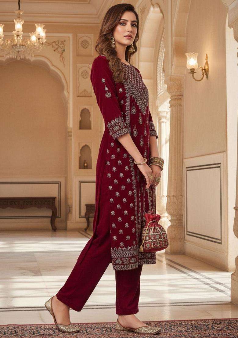 Maroon Embroidery Velvet Kurta Set - Indya
