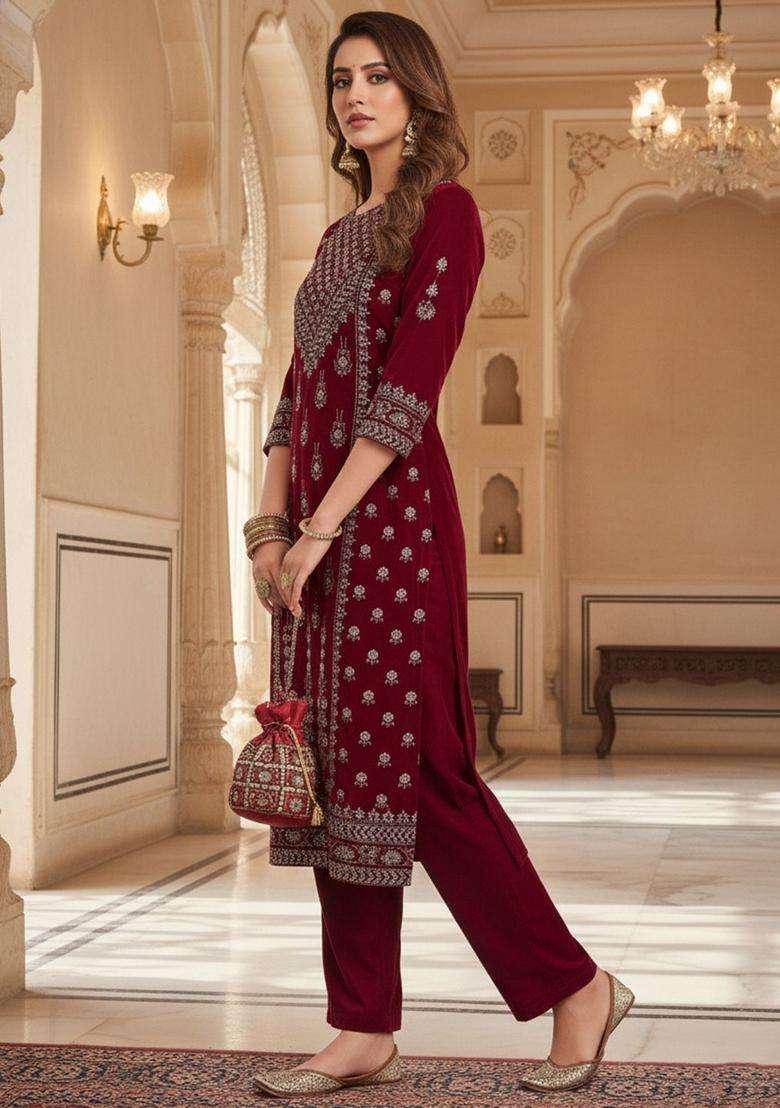 Maroon Embroidery Velvet Kurta Set - Indya
