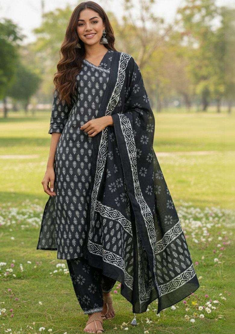 Black Printed Cotton Kurta Set - Indya