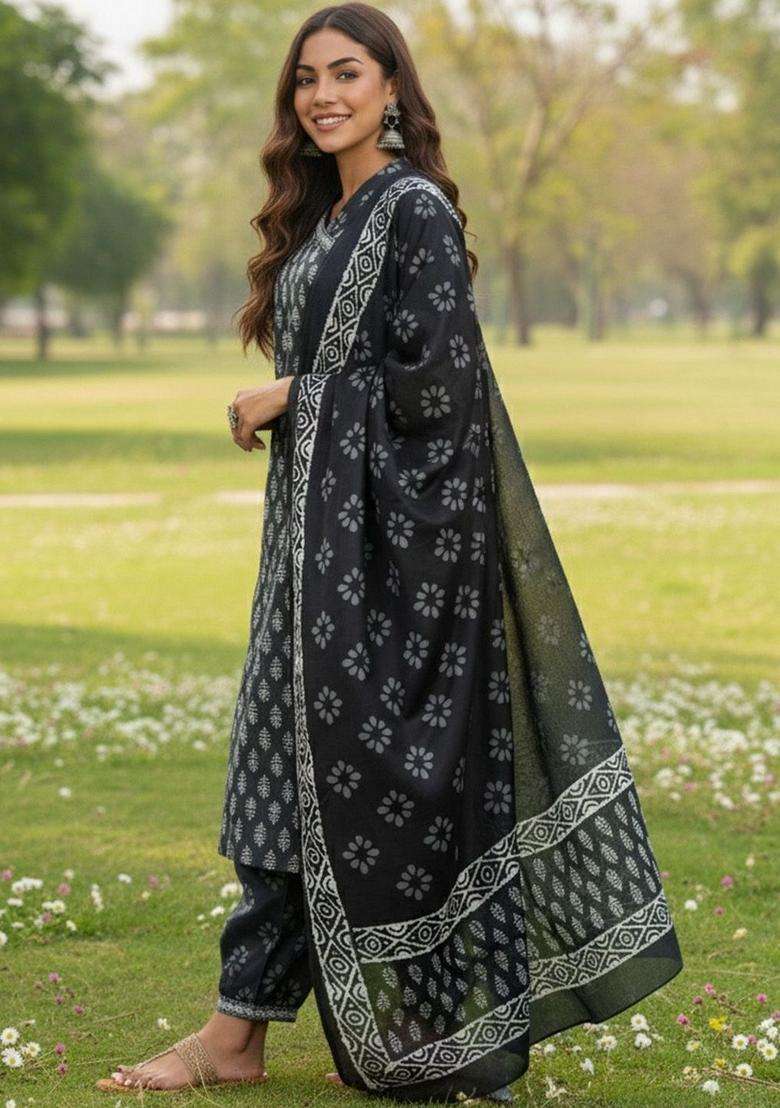 Black Printed Cotton Kurta Set - Indya