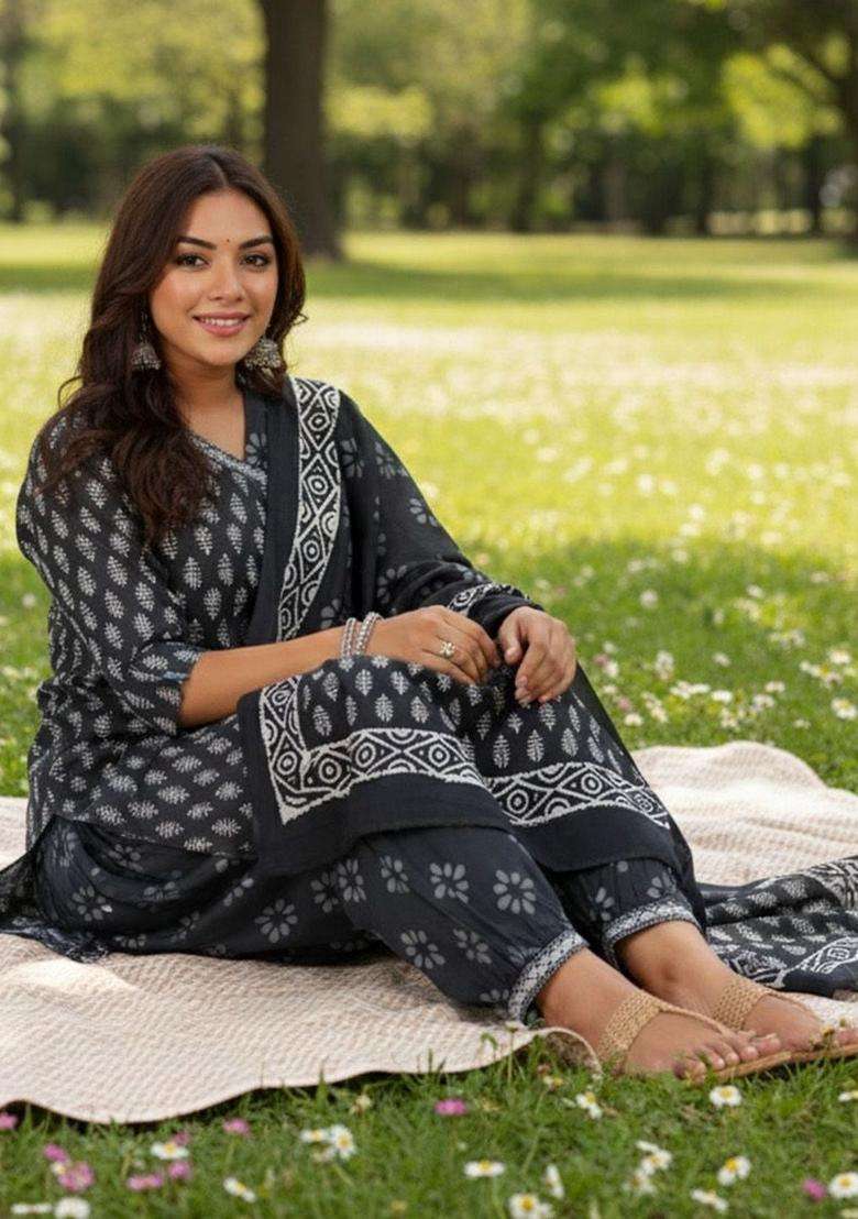 Black Printed Cotton Kurta Set - Indya