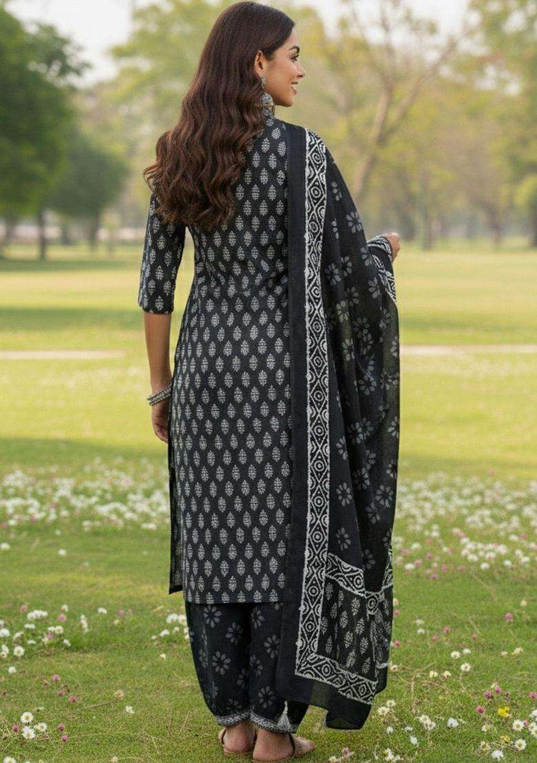 Black Printed Cotton Kurta Set - Indya