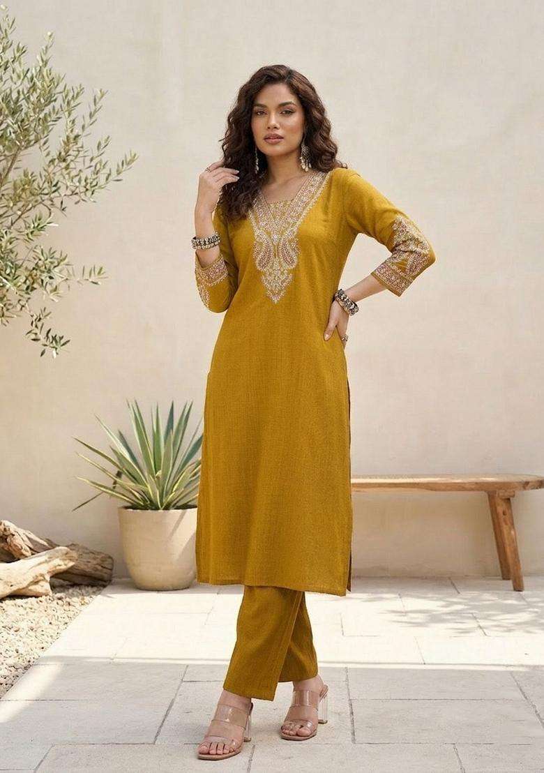 Mustard Embroidery Silk Kurta Set - Indya