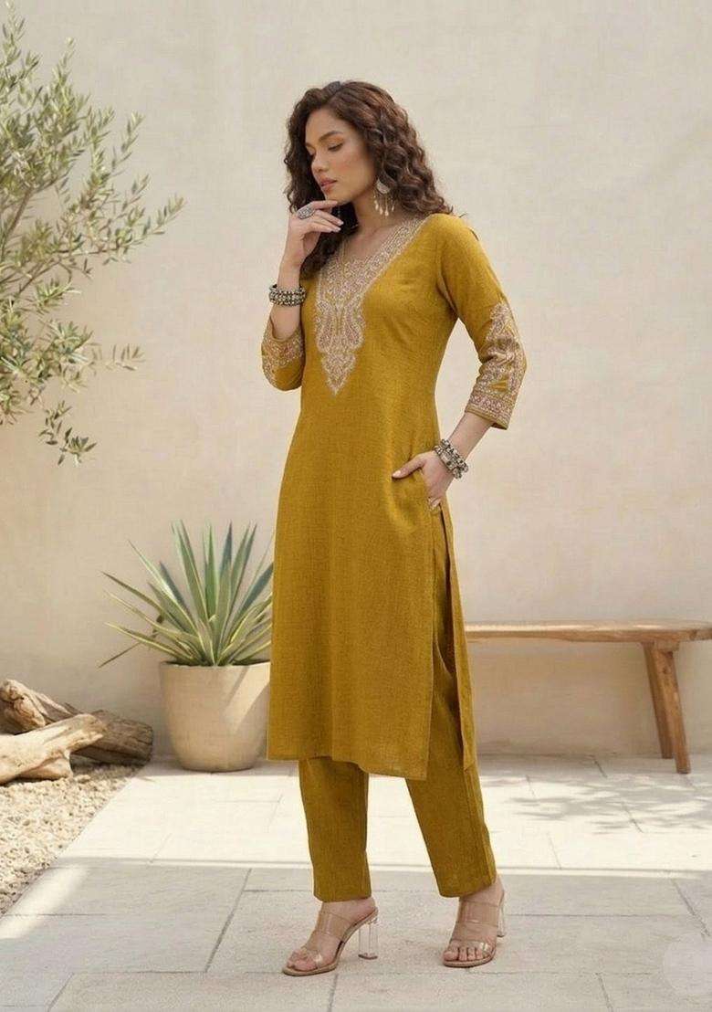 Mustard Embroidery Silk Kurta Set - Indya