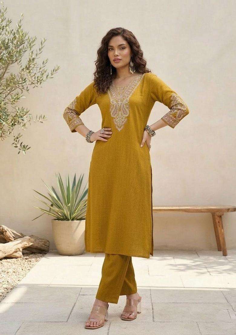 Mustard Embroidery Silk Kurta Set - Indya