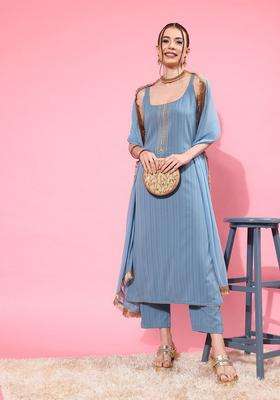 Blue Embroidery Silk Kurta Set