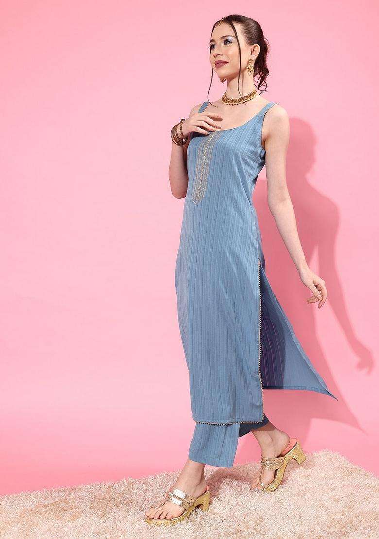 Blue Embroidery Silk Kurta Set - Indya
