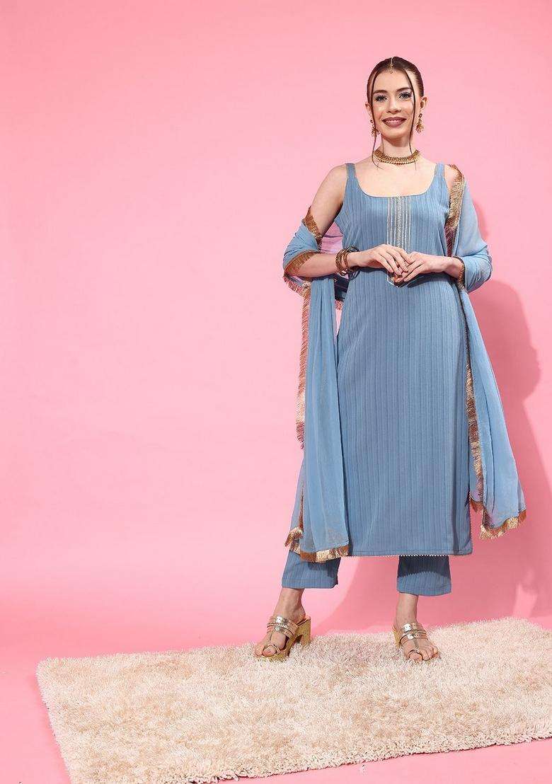 Blue Embroidery Silk Kurta Set - Indya