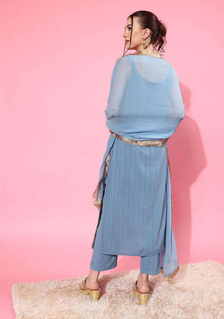 Blue Embroidery Silk Kurta Set - Indya