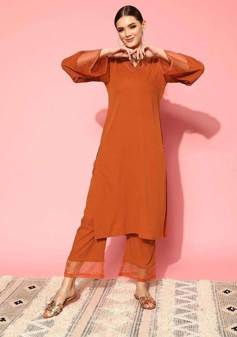 Orange Printed Silk Palazzo Set - Indya